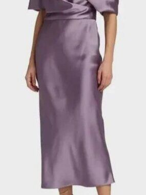 Amsale Women's Purple Violet Draped Satin Pencil Midi-Dress Sz 10